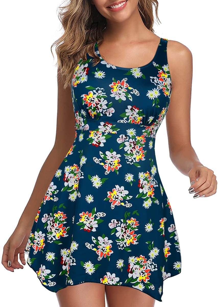 Septangle Women's One Piece Swimsuit High Waisted Ruffled Hem Swimdress Asymmetrical Swimwear for Big Busted Women