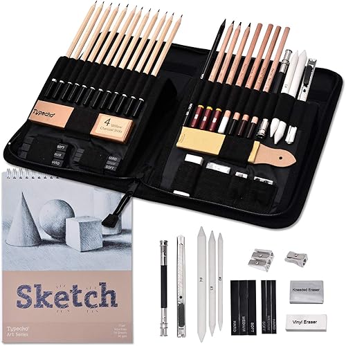 Juego de lápices de dibujo de bocetos, 41 lápices de carbón profesionales, kit de artista con libro de bocetos, suministros de arte para