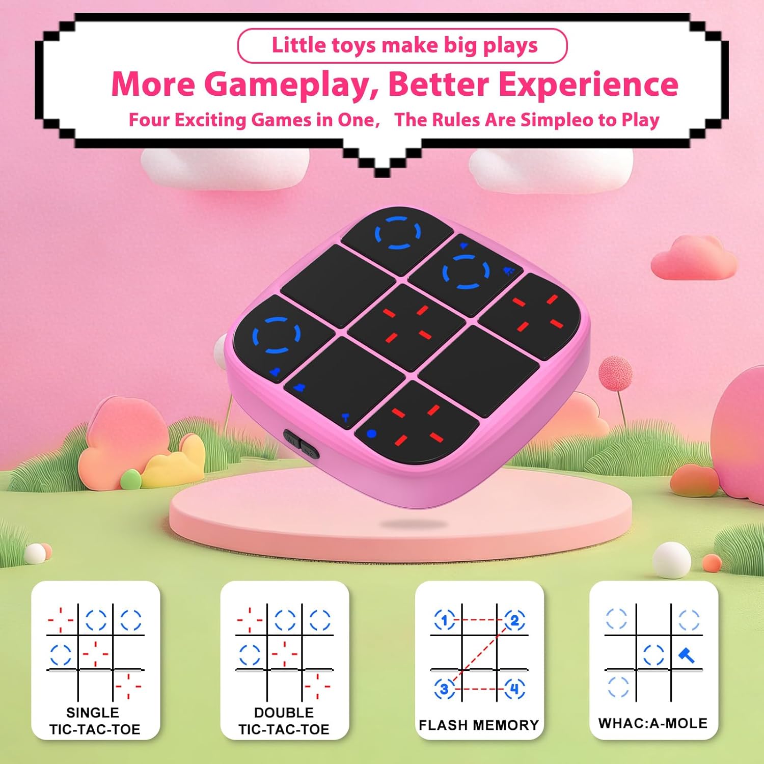 Rechargeable Tic-Tac-Toe Bolt Game, Upgraded 4-in-1 Handheld Puzzle Console, Electronic Educational Memory Game, Portable Travel Car Ride Board Games for Kids Adults (Pink)