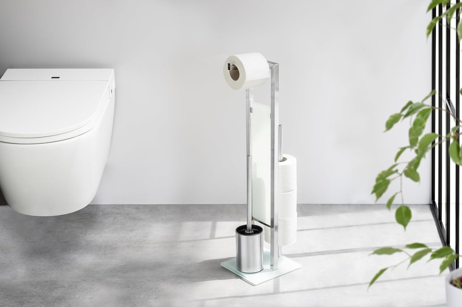 WENKO Free Standing 3 Piece Bathroom Accessory, Toilet Paper Dispenser, Toilet Brush Holder, Toilet Tissue Roll Holder, Toilet Set, Chrome Matt, 27.55 x 7.08 x 7.87 inch