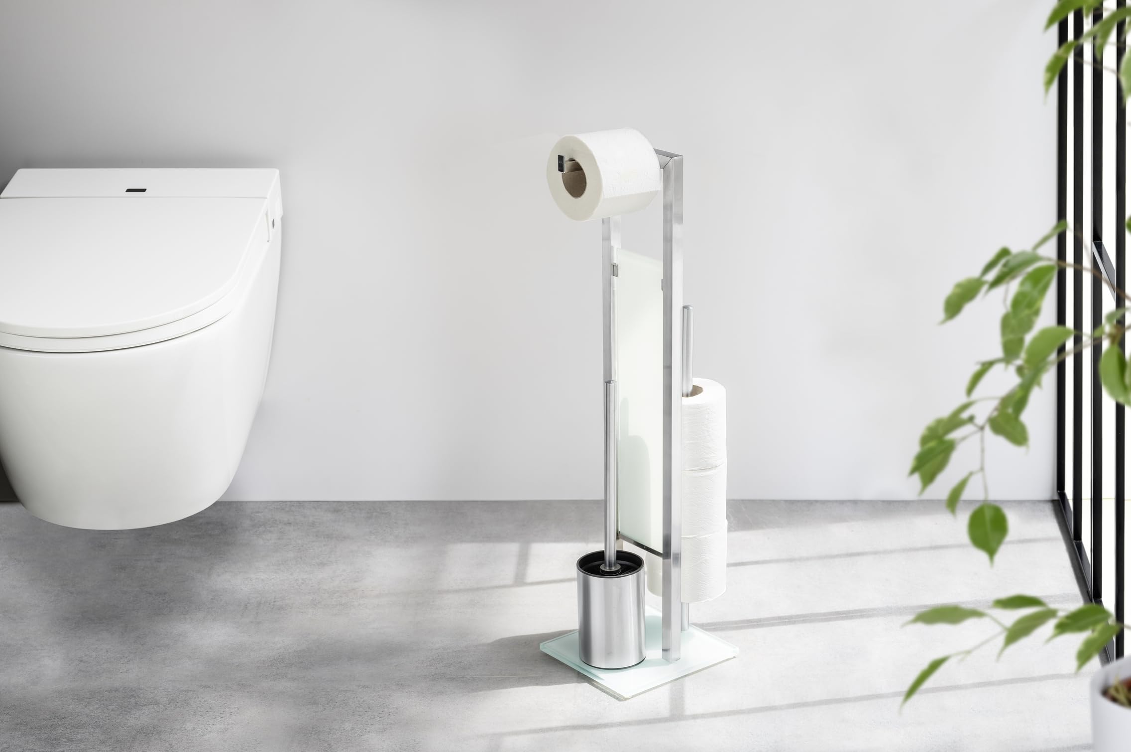 WENKO Piantana portarotolo e scopino WC Rivalta - Portascopino WC, Acciaio inossidabile, 18 x 70 x 23 cm, Opaco