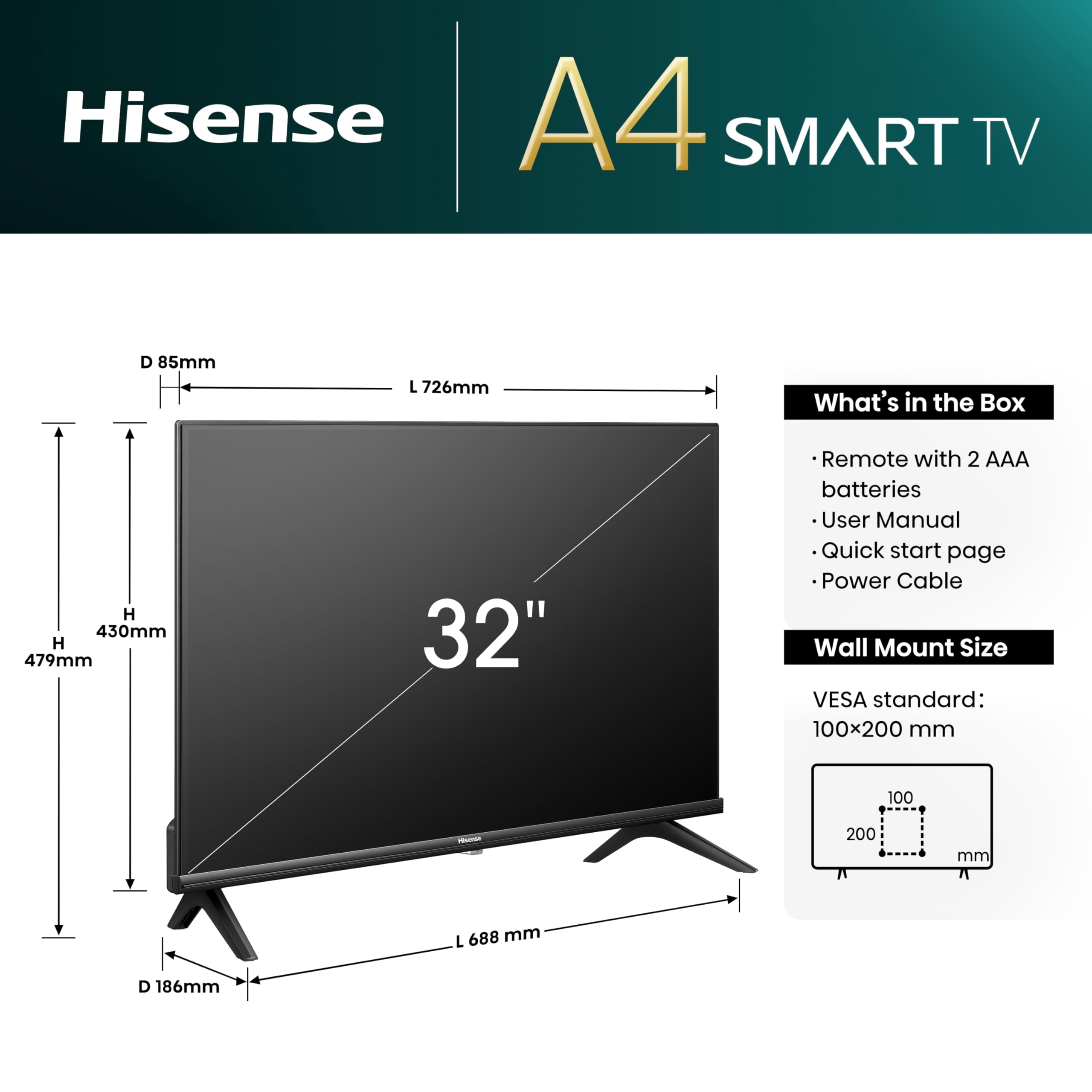Hisense 32 Inch Smart TV 32A4NTUK - HD Resolution, Natural Colour