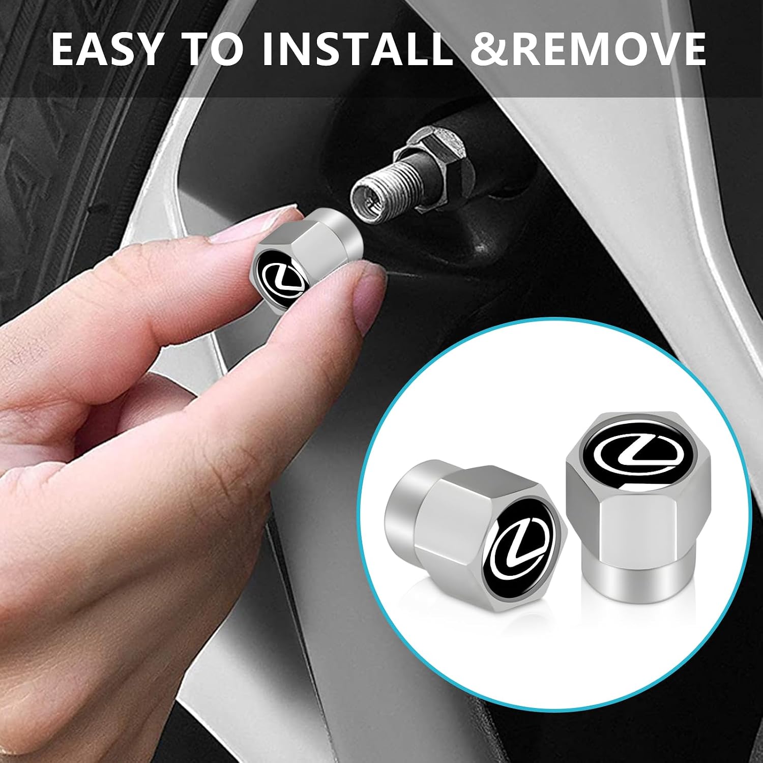 Tire Valve Stem Caps Cover Fit for Lexus RX ES GS LS NX RS GX LX RC LC RX350 is250 GX460 Metal Car Wheel Air caps Auto Valve Stem Caps Accessories 4 Pack Silver
