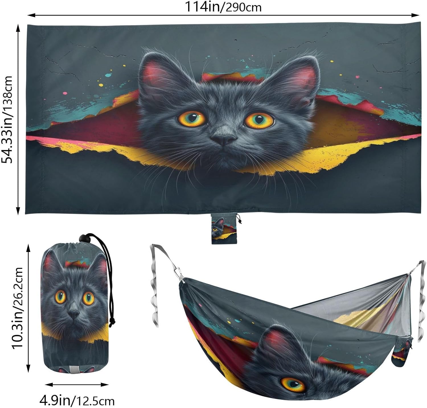 ALAZA 3D Black Cat Camping Hammocks Single or 2 Person 500 lbs Portable Parachute Travel Hammock w/Tree Straps for Hiking Backpacking Indoor Outdoor