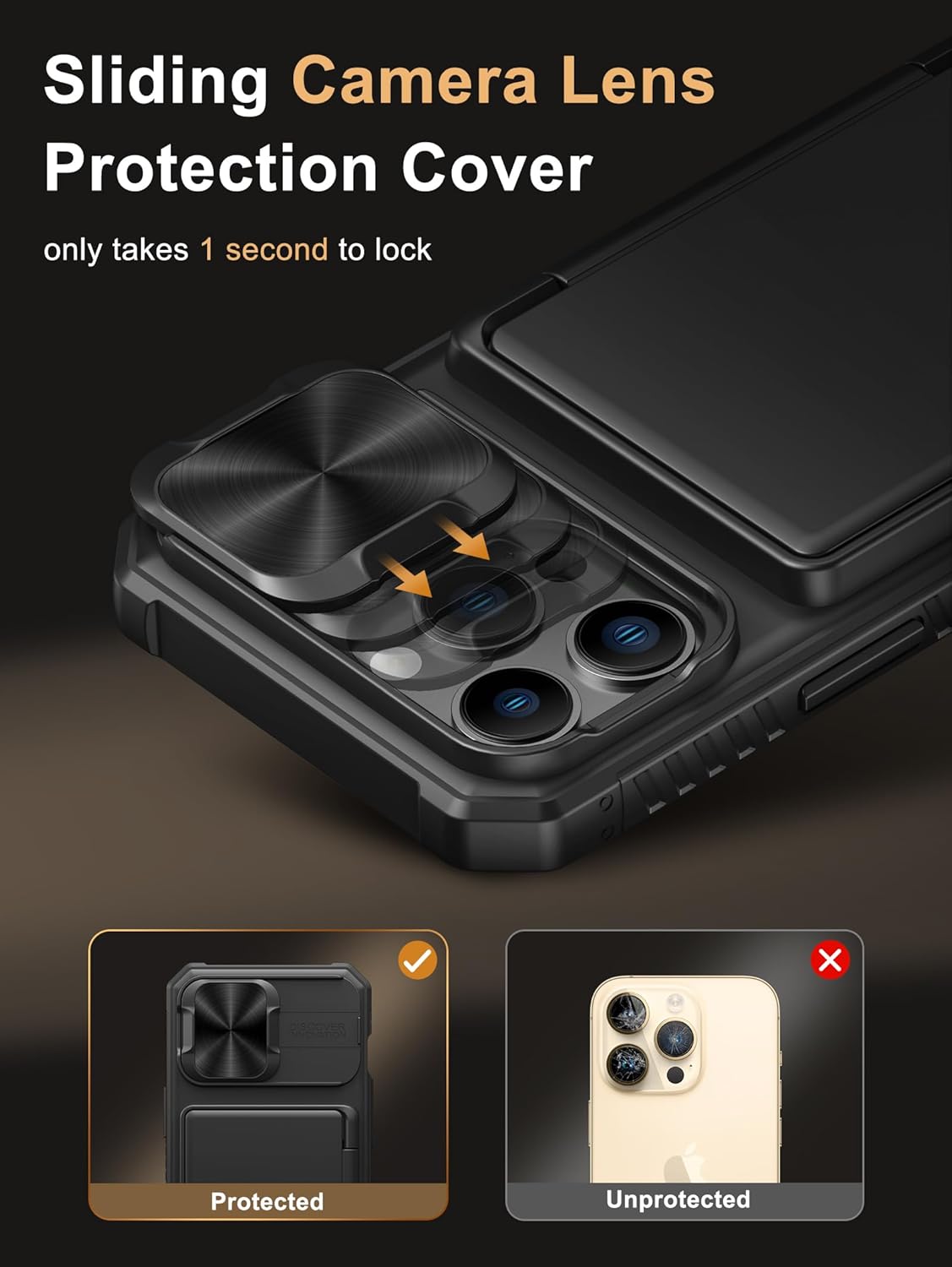 Vihibii for iPhone 13 Pro Case with Card Holder (4 Cards) [RFID Blocking] & Slide Camera Cover, Military Grade Drop Protection, Rugged Hard Back & Silicone Edge Wallet Phone Cover 5G 6.1" 2021, Black - Image 4