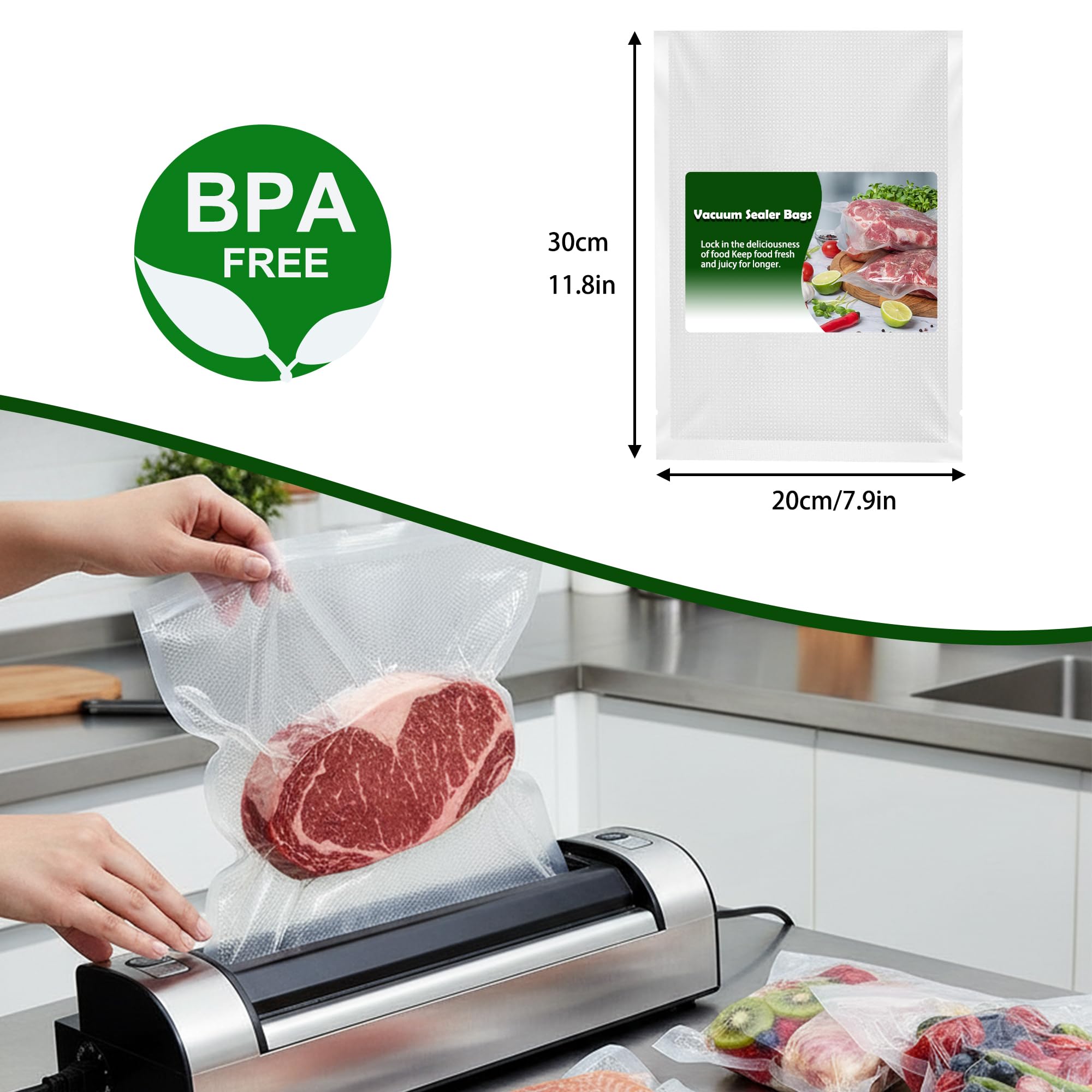 Lot de 100 sacs d'emballage sous vide pour aliments sans BPA, résistants en relief, étanches, compatibles avec la plupart des machines à emballer sous vide pour viande, poisson, fruits et légumes - 20