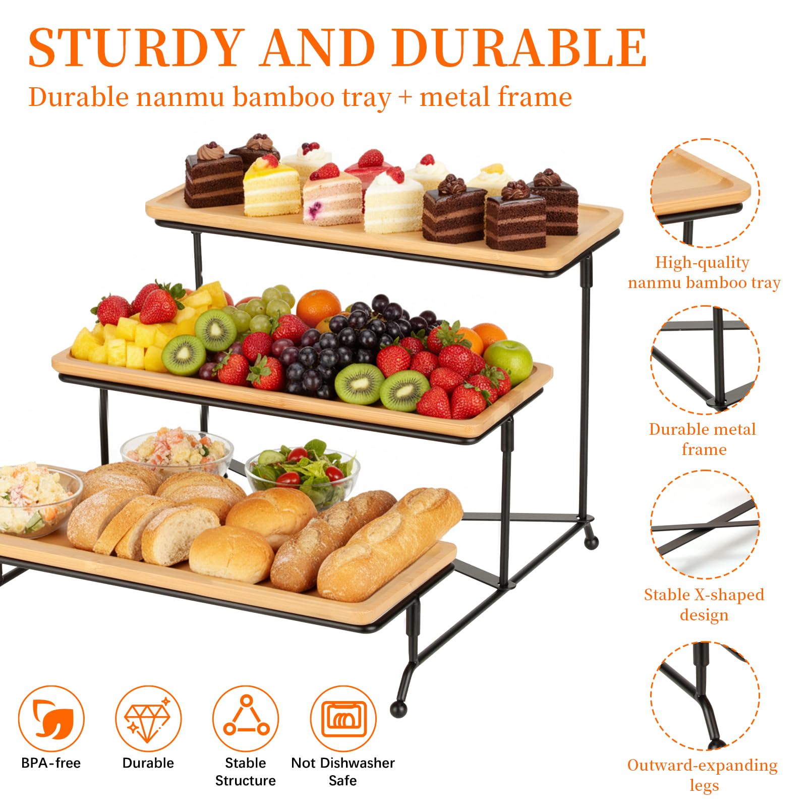 Cozary Plateau Repas 3 Étages, Plateau De Service Bois 28.9x12.5x1.2cm, Support Gateau, Support en Métal Noir, Plats Et Plateaux, Presentoir a Gateau, pour Buffet/Desserts/Fruits