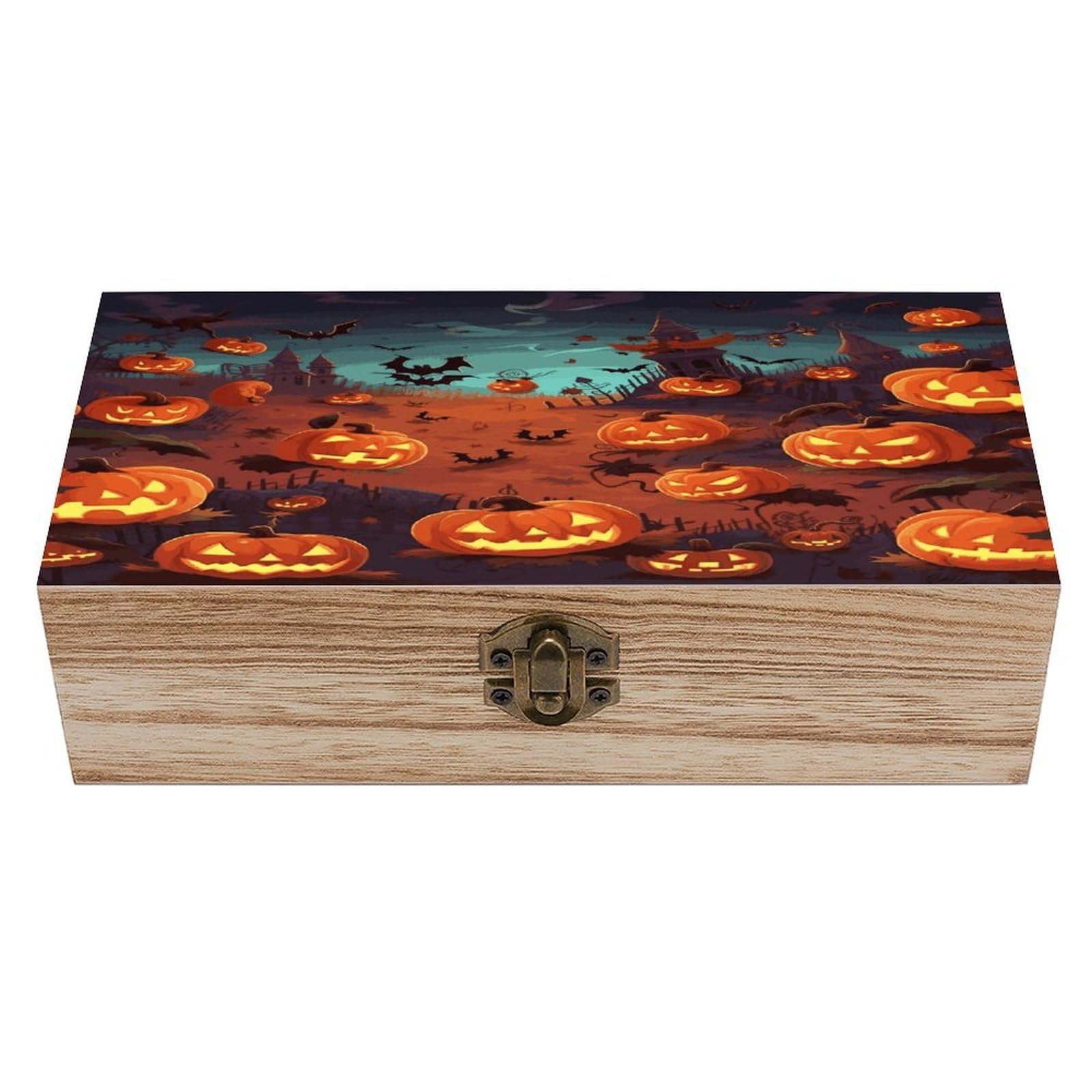 Btcowzrv Style Halloween Wooden Storage Box, Keepsake Box With Hinged And Retro Lock, Wood Jewelry Organizer For Photos & Mementos And Home Decor