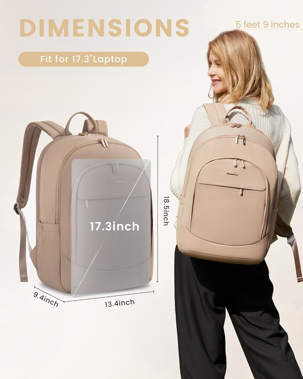 LOVEVOOK 17.3 Inch Laptop Backpack for Women - Work/Business Computer Backpack Purse, Large Capacity Casual Daypack, Travel Bag for Lawyer, Doctor, Teacher, Classic Khaki - Image 2