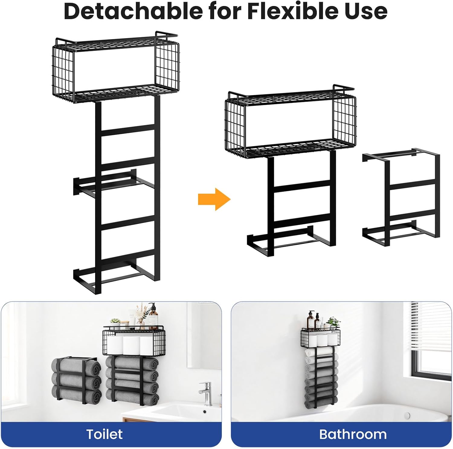 Towel Racks for Bathroom, 32inch Metal Wall Mounted Towel Holder with Storage Basket & Floating Shelf, Towel Storage for Bathroom, Laundry, RV, All Black