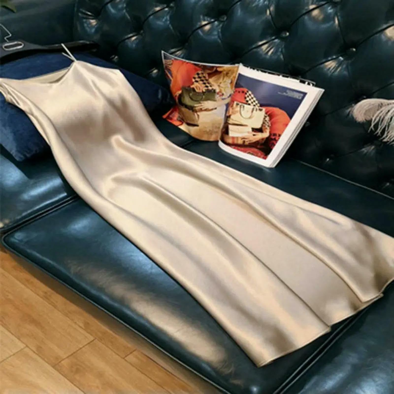 Abito Donna Lungo da in Satin con Scollo A V, Senza Maniche, Schienale, Lacci, Elegante Estivo Sera per Le Vacanze-Spumante-XL