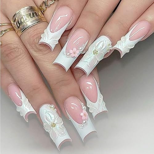 French Tip Press on Nails Long Square Fake Nails with