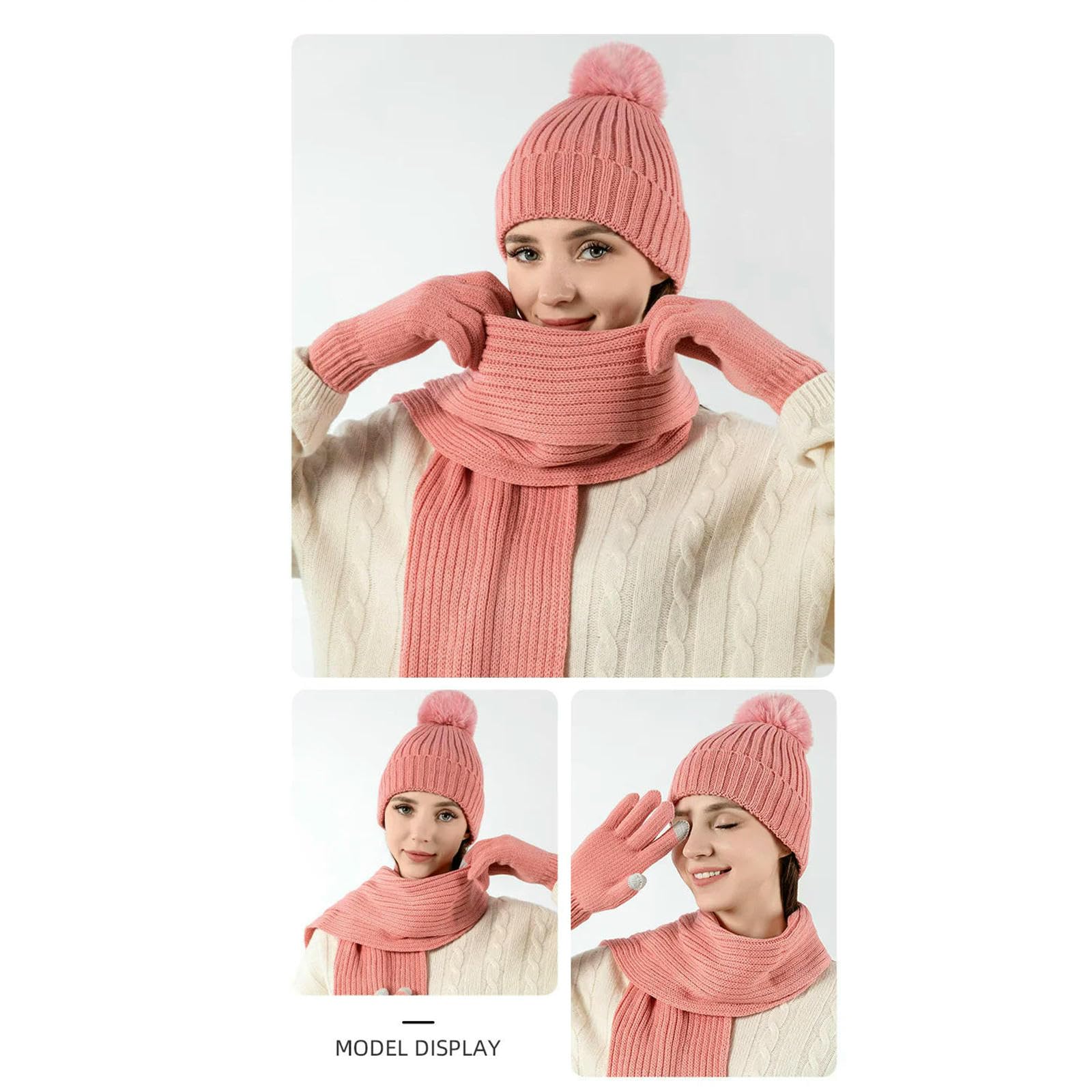Mütze,Schal & Handschuh-Sets Dreiteiliges Set Aus Einfarbiger Strickmütze, Schal Und Handschuhen Für Damen Herren, Warm Den Winter, Wollanzug-x