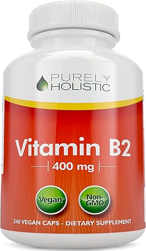 Purely Holistic Vitamina B2 Riboflavina 400 mg - 240 cápsulas veganas, suministro para 8 meses - Vitaminas B2 de alta resistencia - Sin OMG y sin