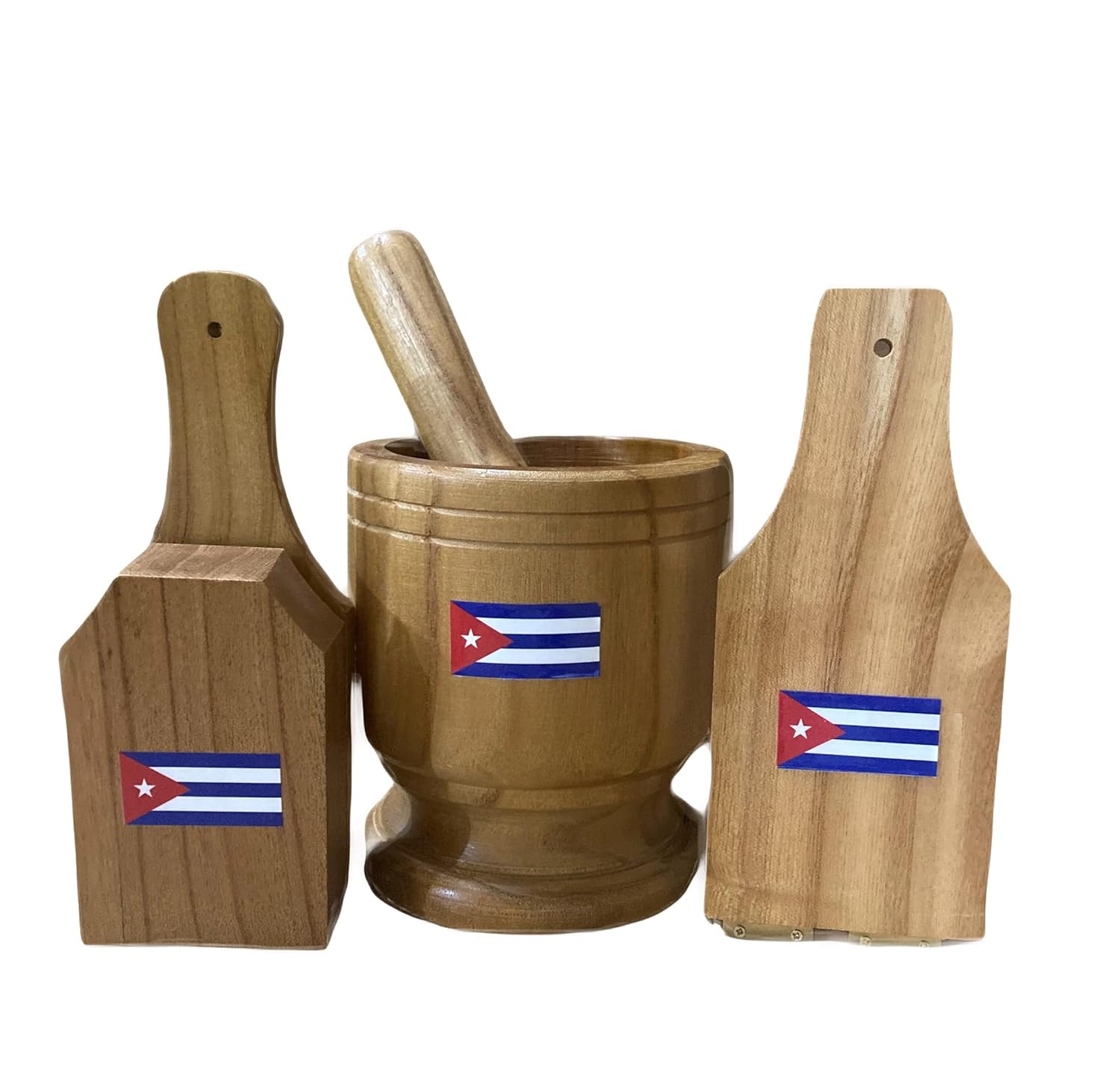 Cuban 3-Piece Plantain Kit – Wooden Pilón Mortar & Pestle, Tostonera Plantain Press & Stuffed Plantain Cup Mold | Authentic Tools for Tostones, Mofongo & Cuban-Style Cooking