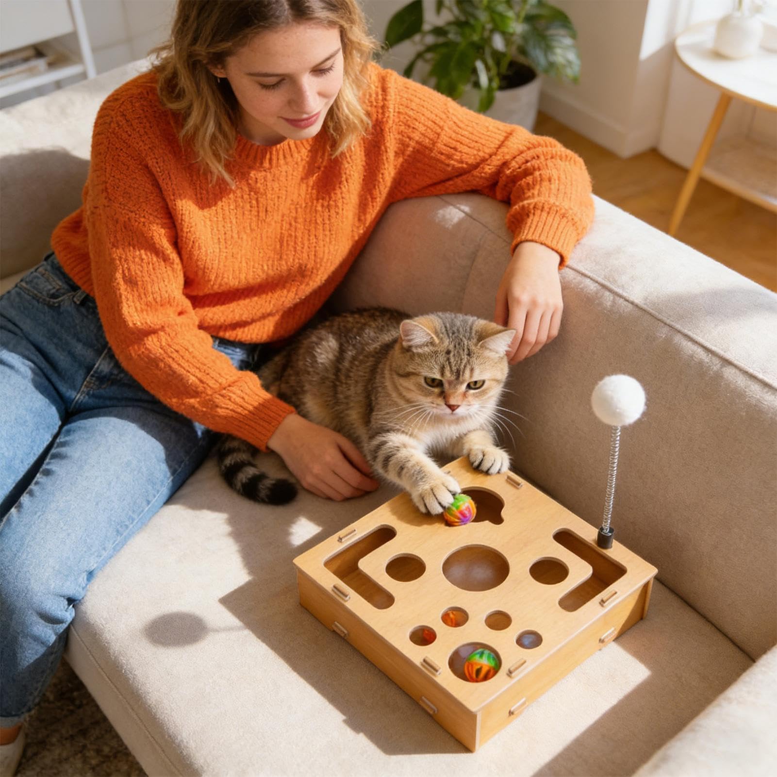 Scatola Tiragraffi Con Per Unghie Gatti | Tavola Di Arricchimento In Legno | Scatola Unghie per Gatti con Pallina Sonaglio - Adatto a Cuccioli Conigli Gioco in Casa Cane e