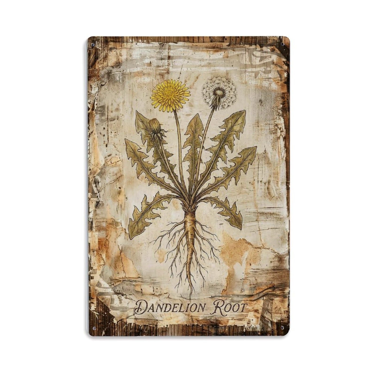 Dandelion Root Botanical Vintage Metal Tin Sign Plaque Wall Decor for Cafe, Club, Garden Metal Poster 8x12Inch