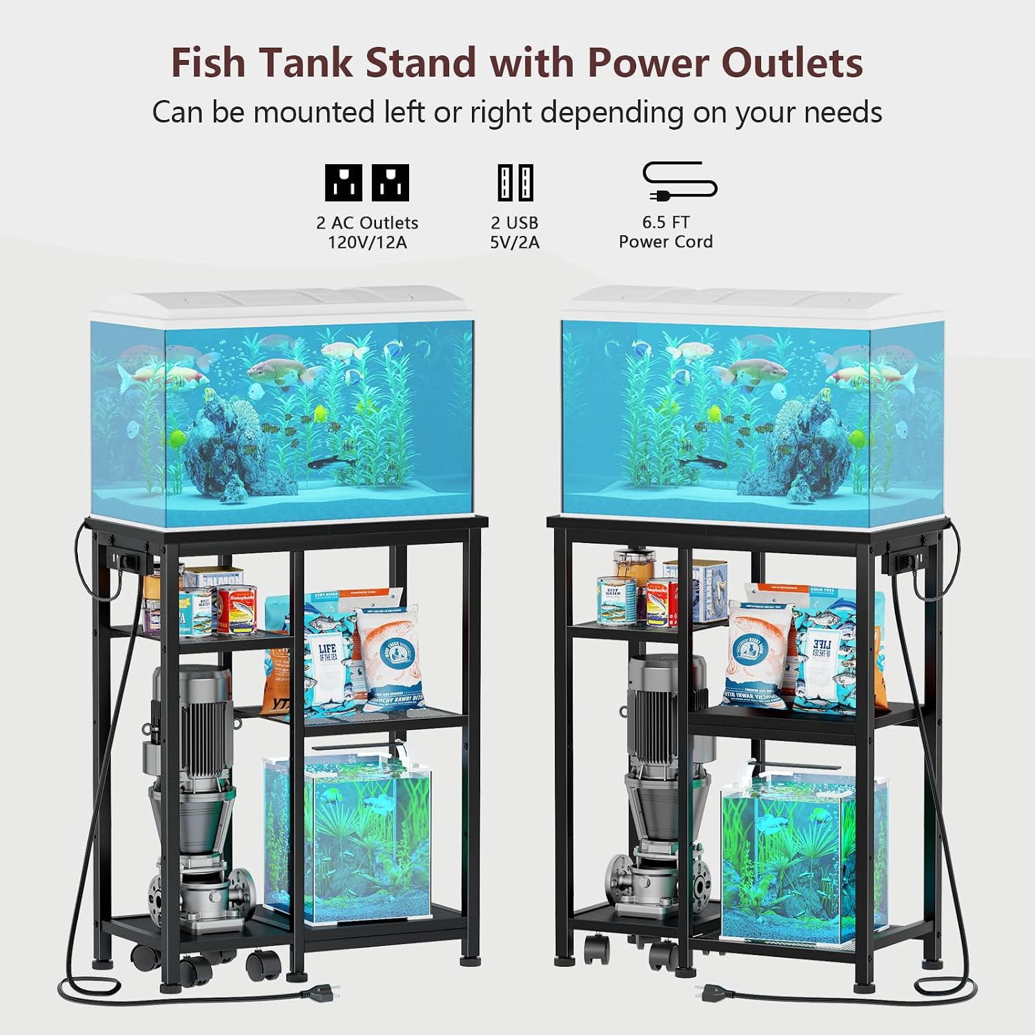 Korfile 10-20 Gallon Fish Tank Stand with Power Outlet, 3-Tier Metal Aquarium Stand with Adjustable Storage Shelves & 4 Wheels, 200LBS Capacity Terrarium Reptile Tank Holder,Black