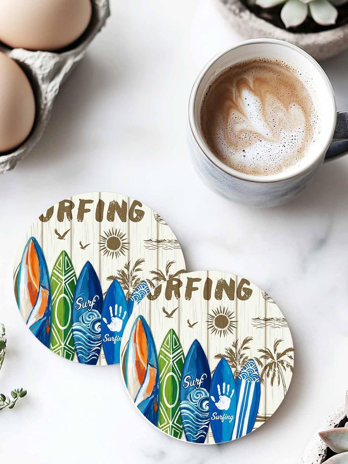 Coasters Set of 6 Summer Surfing Drink Coasters with Holder Absorbent Stone Ceramic Cup Mat Beach Palm Tree Wood Grain Coaster for Drinks Coffee Bar Office Kitchen Cafe Home Decor