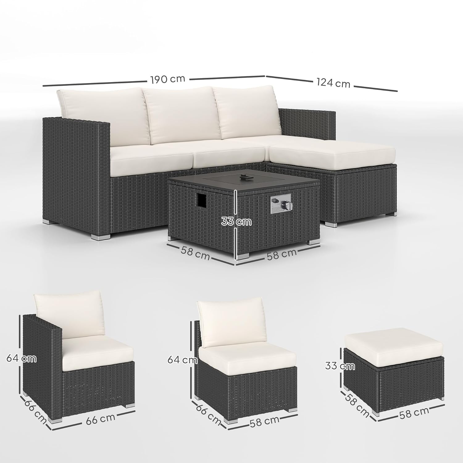 Outsunny 5 Piece Rattan Garden Furniture Set with Gas Fire Pit Table, 4 Seater Outdoor Sectional Sofa Set with Footstool and Removable Cushions, Modular Combination, Black and... - Image 5