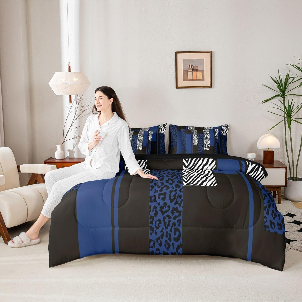 Erosebridal Leopard Print Stripes Blue Black Comforter Set Queen Size 7 Pieces | Geometric Bed in A Bag Zebra Cheetah Wild Animal Skin Bed Set Women Men Adults Bedding