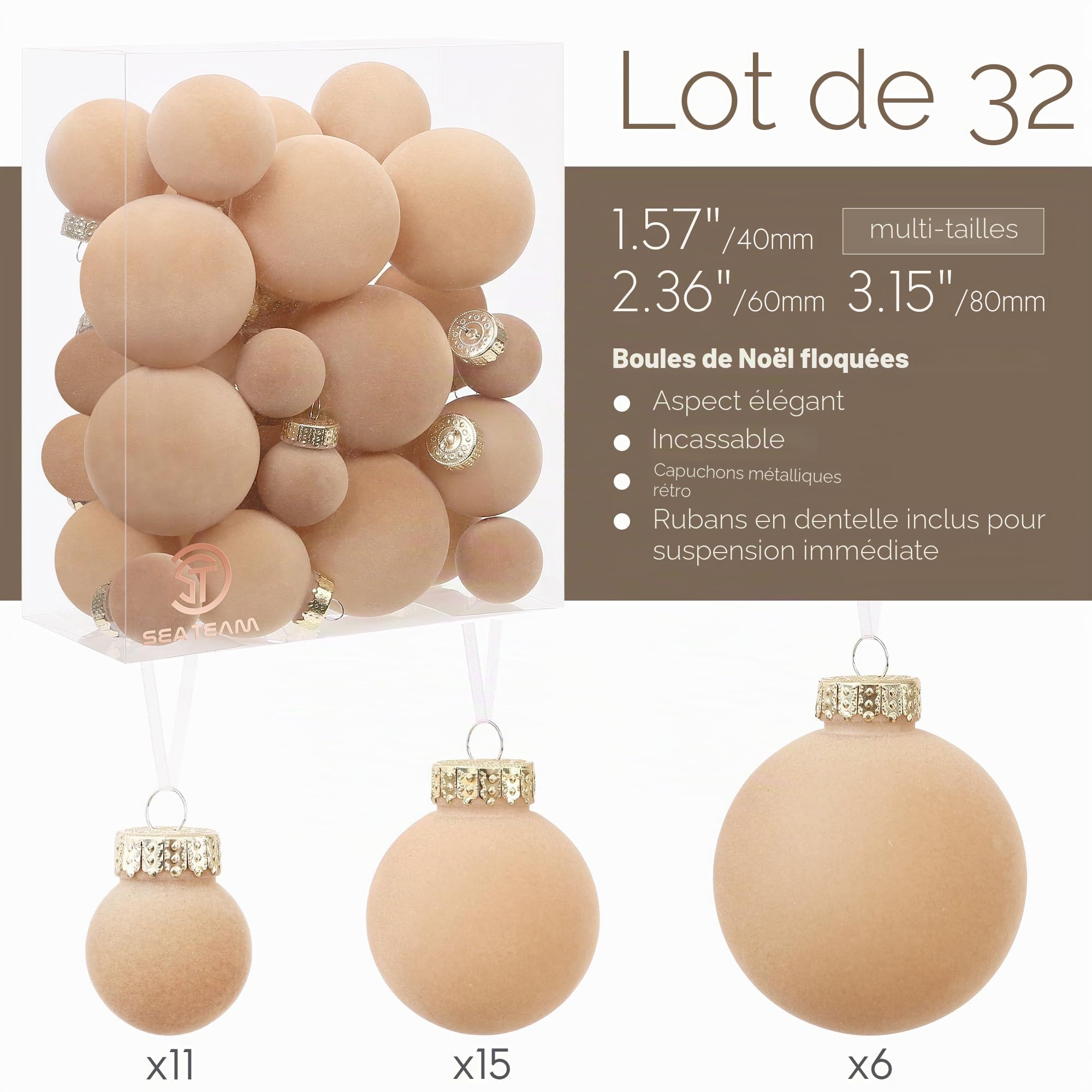Sea Team 32 Boules Noël Velours incassables multitaille Blanc | Boules en velours floqué incassable, parfaites pour sapin, couronne, guirlande. Idéales pour Noël, mariage, fête.