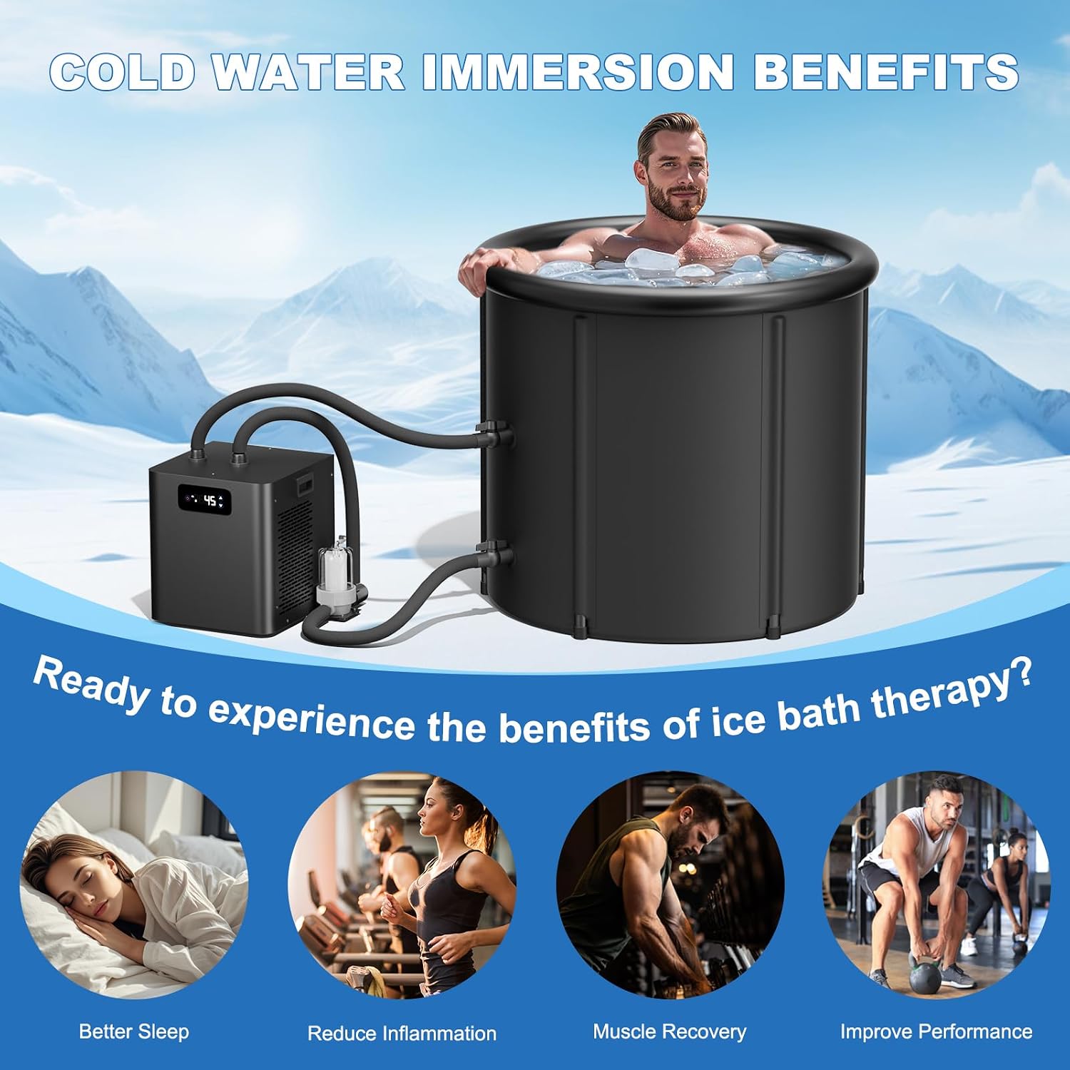 1/3HP Ice Bath Water Chiller for Cold Plunge Tubs, Upgraded Cold Plunge Chiller with External Filter & Pump, Submersible Pump, Insulated Hoses, 110V Cooling Chiller for for Cold Therapy Recovery