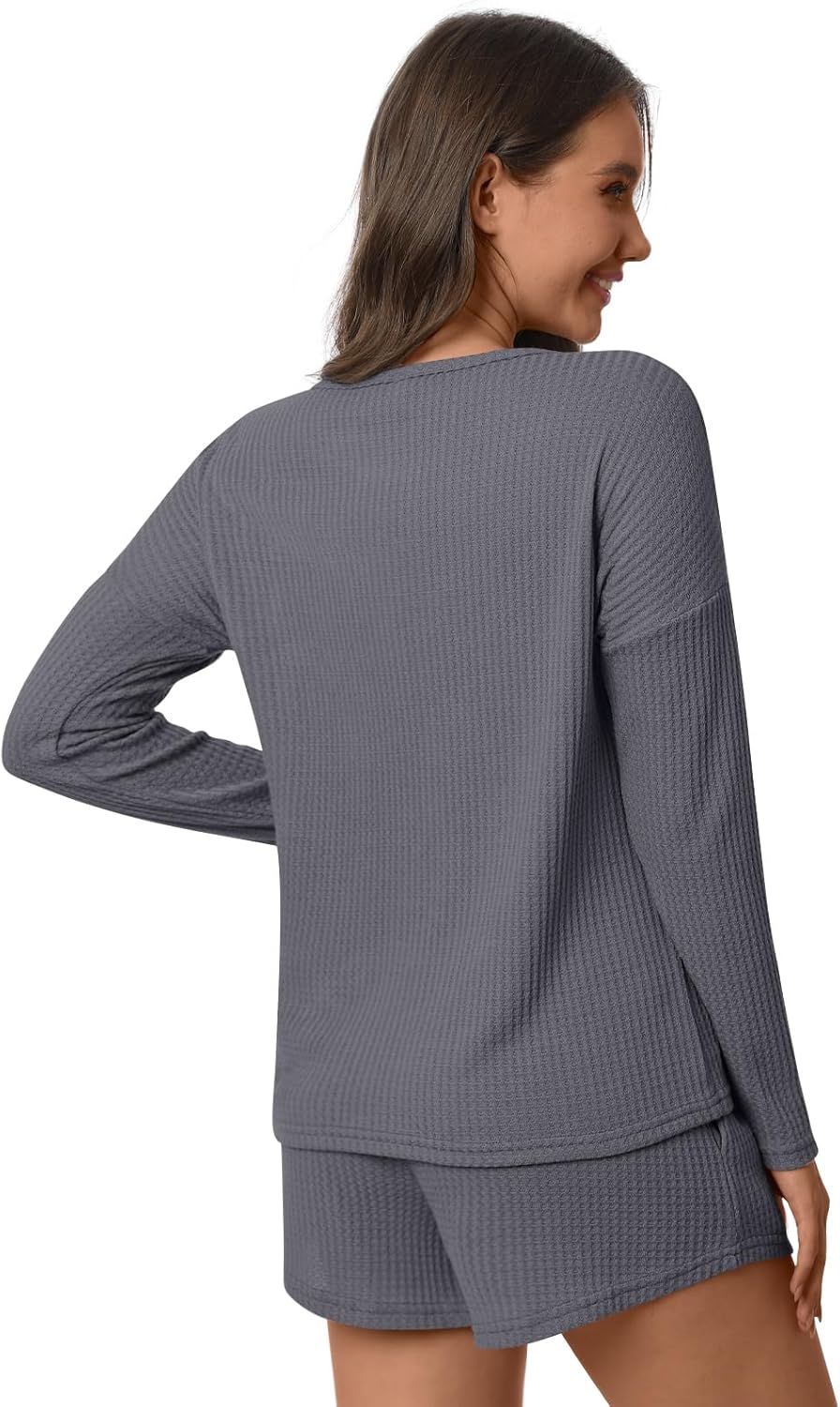 Anyhold Womens Waffle Knit Pajama Sets Lounge Sets Long Sleeve Top and Shorts Loungewear 2 Piece with Pockets - Image 4