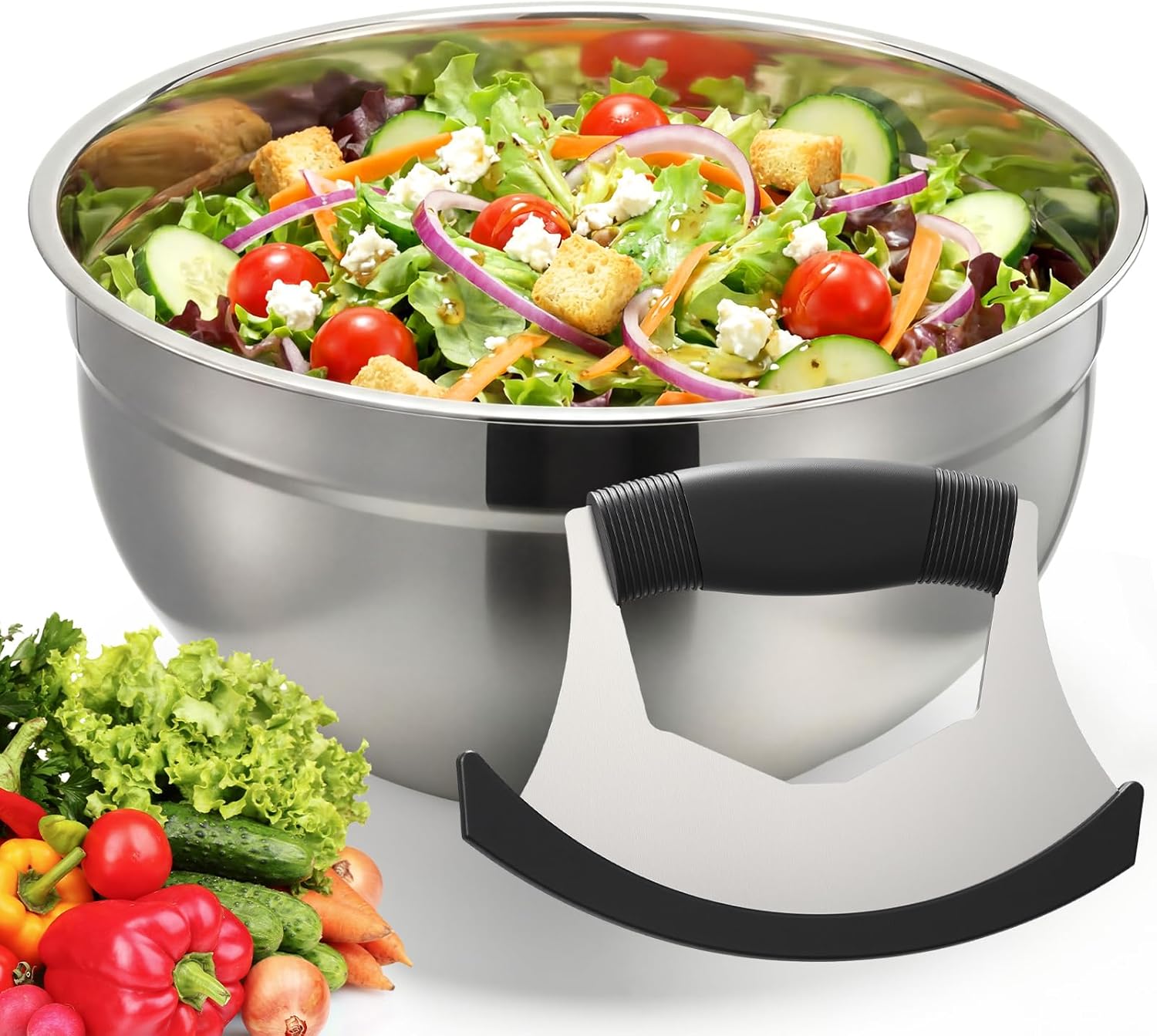 3 Pcs Salad Chopper Bowl Set includes 12" Stainless Steel Chopping Bowl Mezzaluna Mincing Knife with Safety Cover and Handle Spork for Kitchen Fast Salad Prep