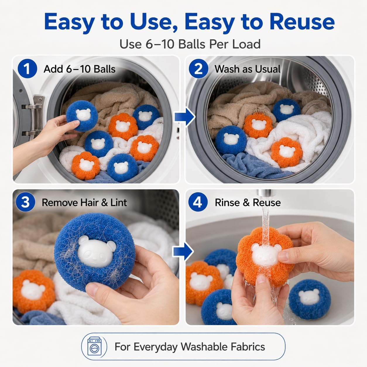 Pet Hair Remover for Laundry, 10 Pcs Reusable Sponge Laundry Balls for Washing Machine, Pet Hair & Lint Catcher for Dog and Cat Fur, Helps Reduce Tangles (Orange & Blue)