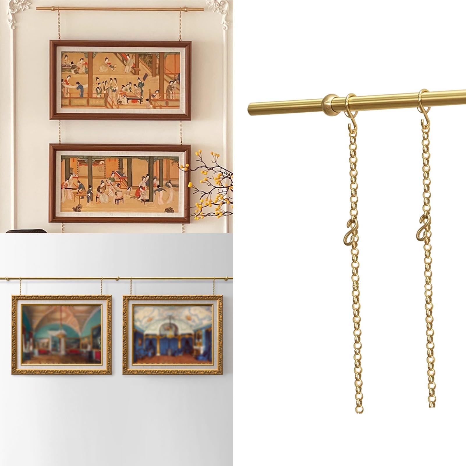 Sistema para colgar cuadros con cadenas ajustables y ganchos para decoración de pared estilo museo