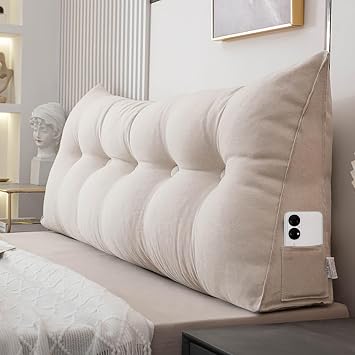 Soft Reading Pillow, Wedge Triangular Backrest Cushion, Comfortable Headboard Cushion for Bed, Sofa, Chair,Beige,150X50X15CM