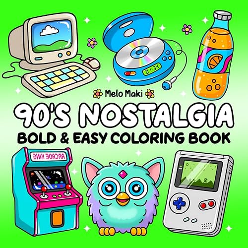 90s Nostalgia Bold & Easy Coloring Book Featuring Retro-Themed Illustrations, Suitable for Both Adults & Kids