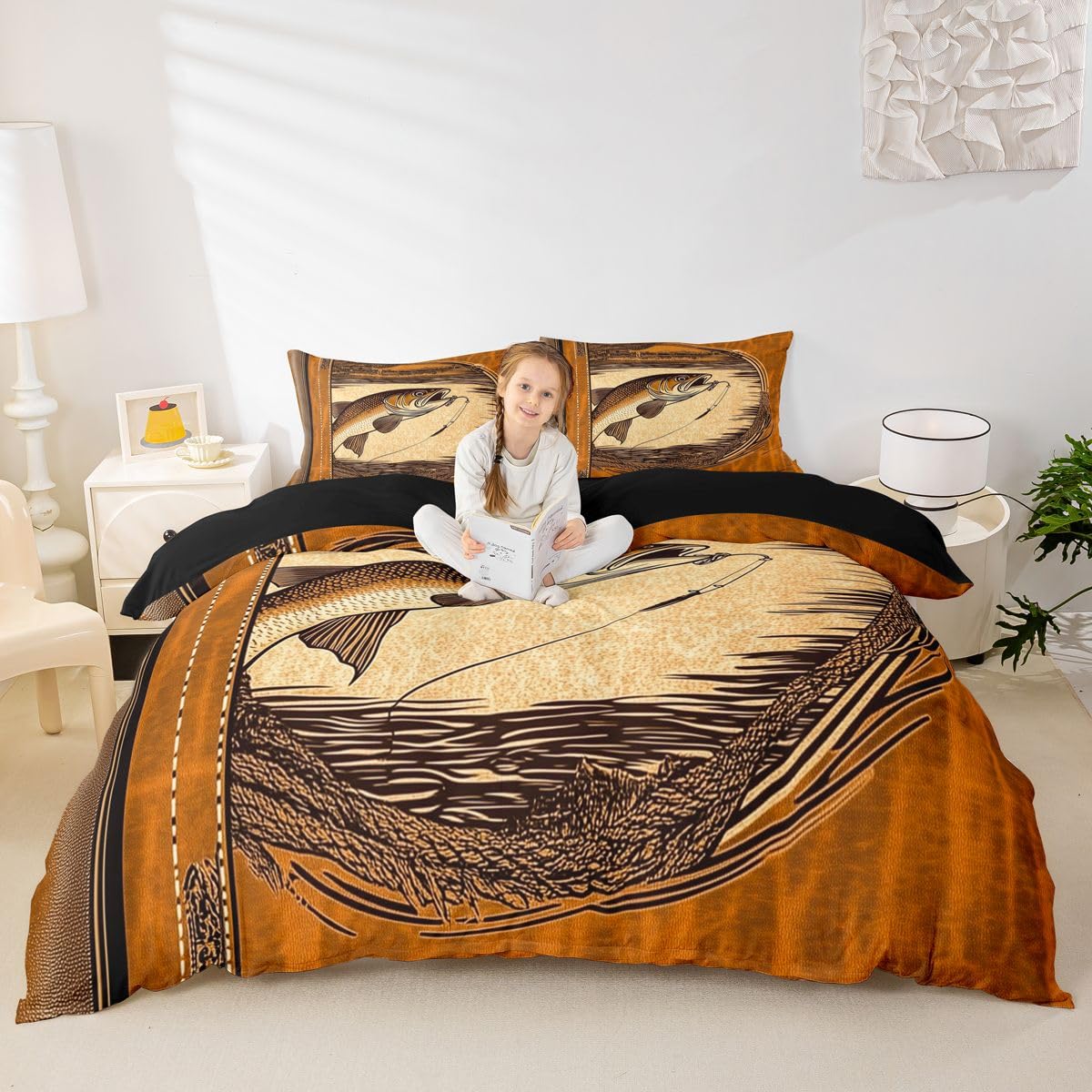 Loussiesd Set di biancheria da letto con copripiumino super king size, motivo pesce basso, caccia e pesca, per ragazzi e ragazze, set di biancheria da letto da 3 pezzi, decorazione per la stanza