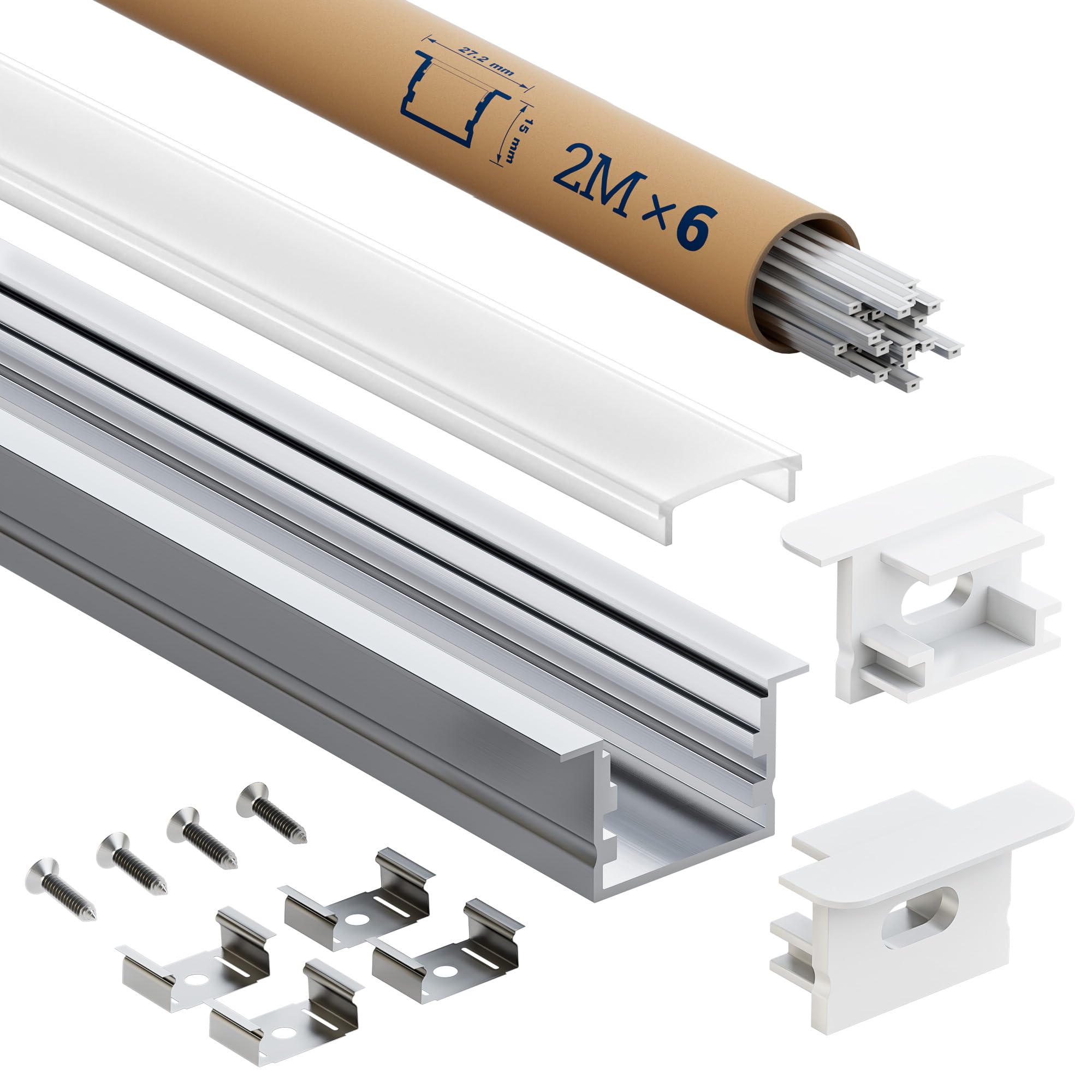 Perfil Aluminio para Tira LED 2m 6 Piezas - Compatible con tiras de hasta 15mm, montaje empotrado o en superficie, Canaleta Tira LED con difusor opaco y accesorios incluidos (2M 6 Piezas)