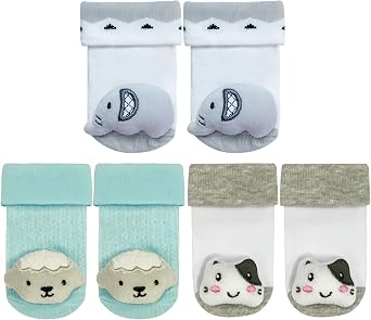 PUPPET Baby Boy Rattle Socks, Cotton Booties, Set of 3, for 0-6Months, Elephants, Sheep, Cat, Cute Animal Themed