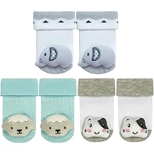 PUPPET Baby Boy Rattle Socks, Cotton Booties, Set of 3, for 0-6Months, Elephants, Sheep, Cat, Cute Animal Themed