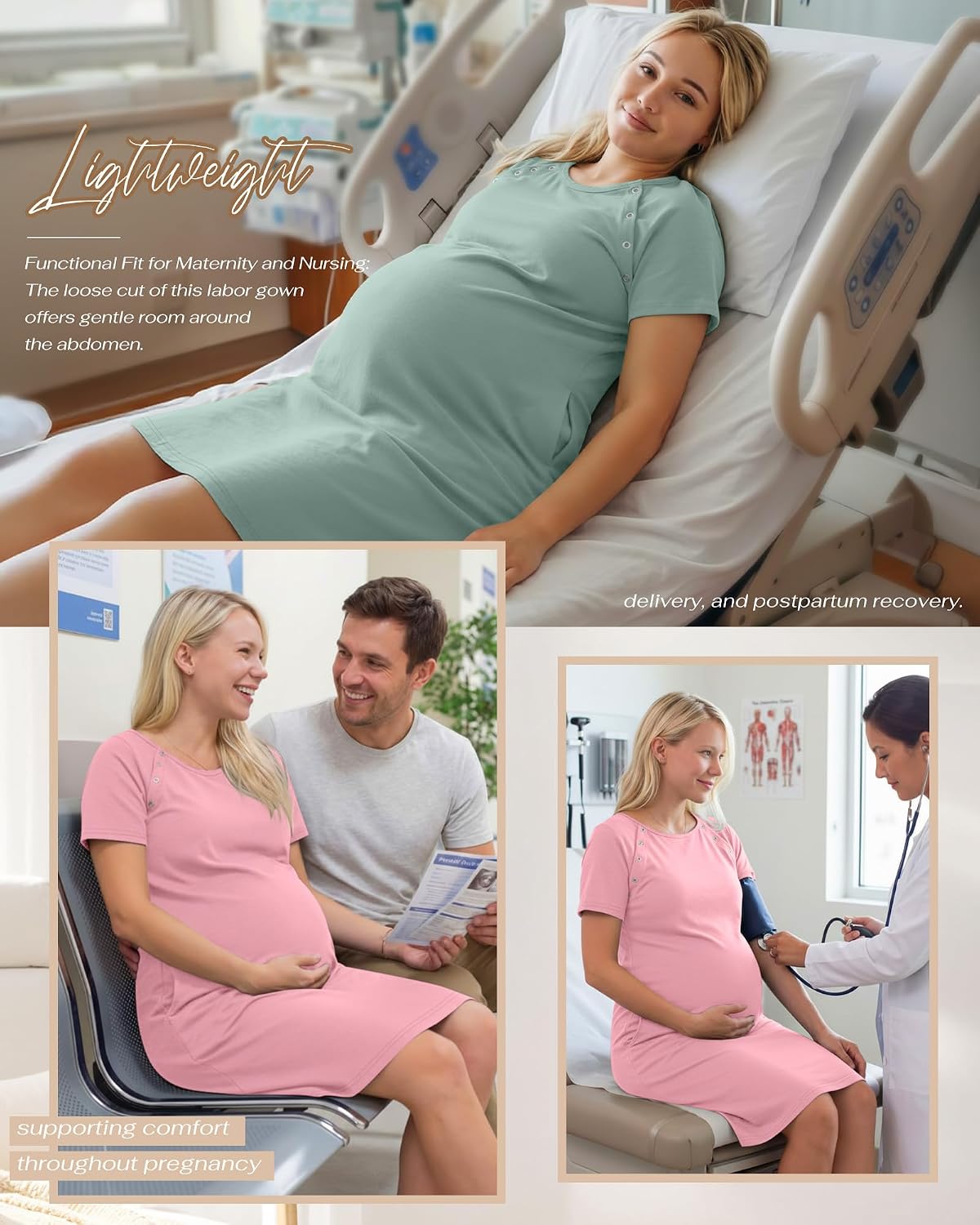 Huukeay 2 Pack Labor and Delivery Hospital Gown Women Nursing Birthing Maternity Dress 3 In1 Breastfeeding Buttons Pjs Robe