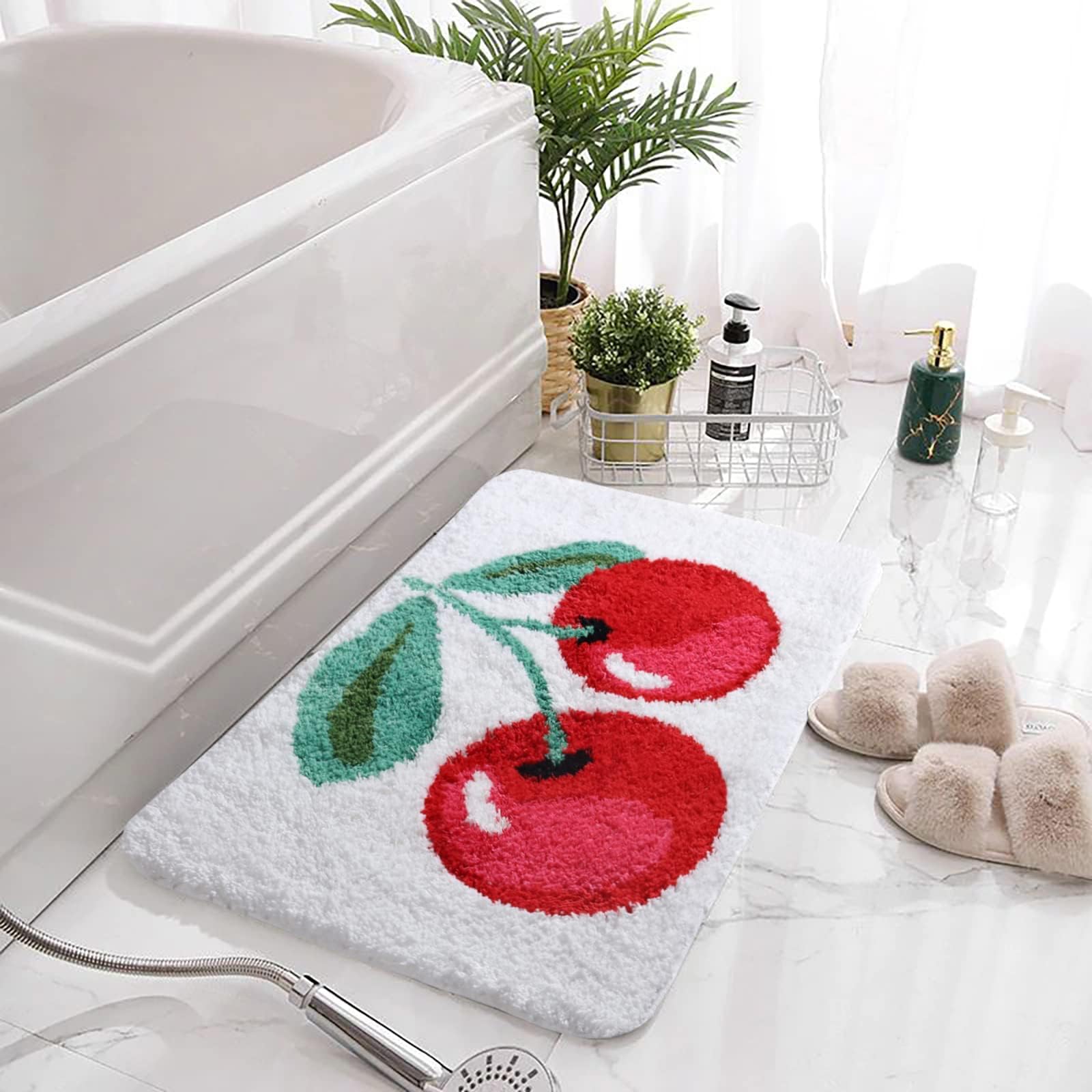 Carmoion Cute Bathroom Rug, Thick Soft Absorbent Microfiber Bathroom Mat, Non-Slip Cherry Shaggy Bath Rugs, Machine Wash Dry, Bath Mats for Bathroom Floor, Bathtub, Shower, Sink and Decor, 20x32