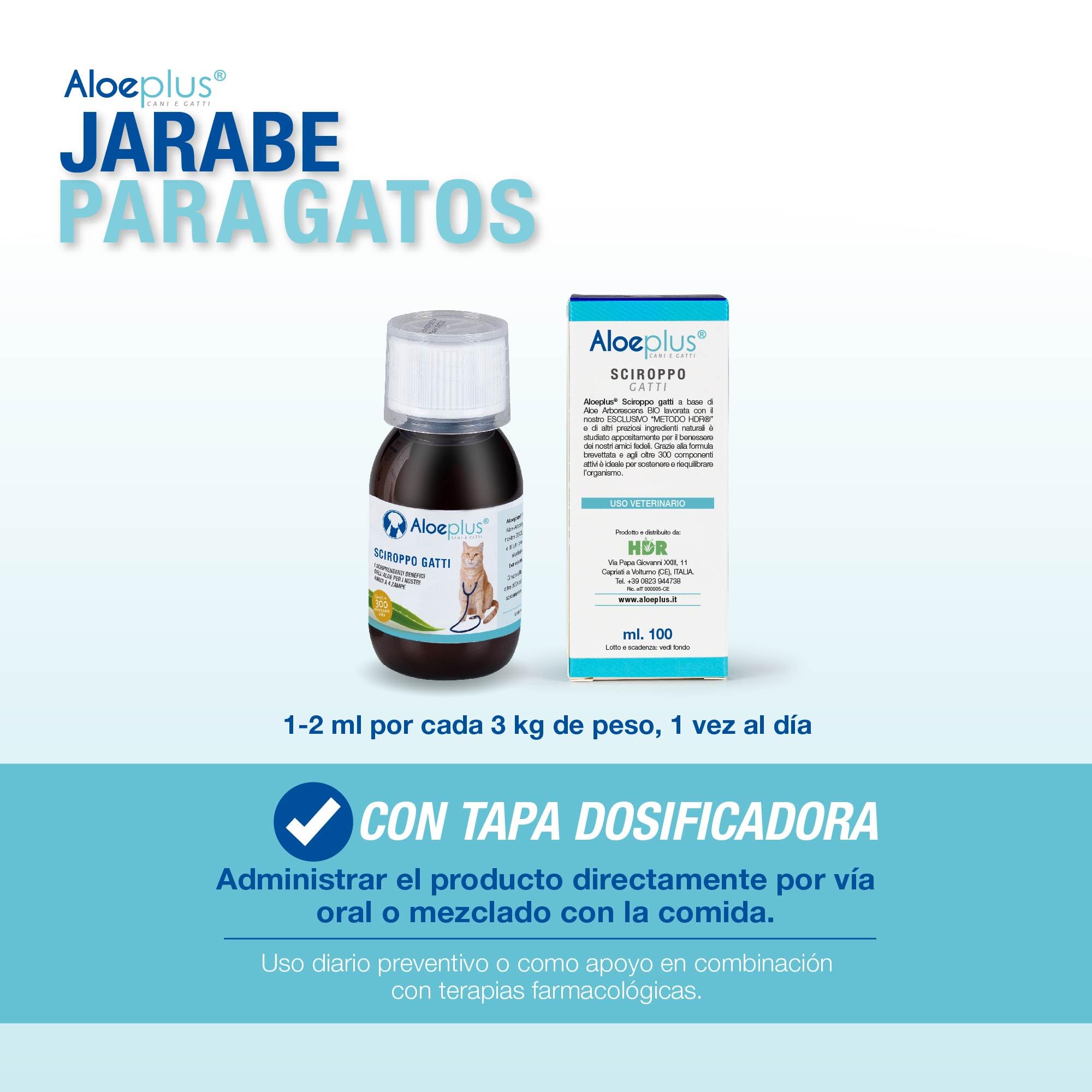 ALOEPLUS Gatos Jarabe 100ml - Complemento Alimenticio Energético y Desintoxicante con Aloe Arborescens Bio, Refuerza Las Defensas Naturales, Ideal como Reconstituyente para Gatos Mayores y Cachorros