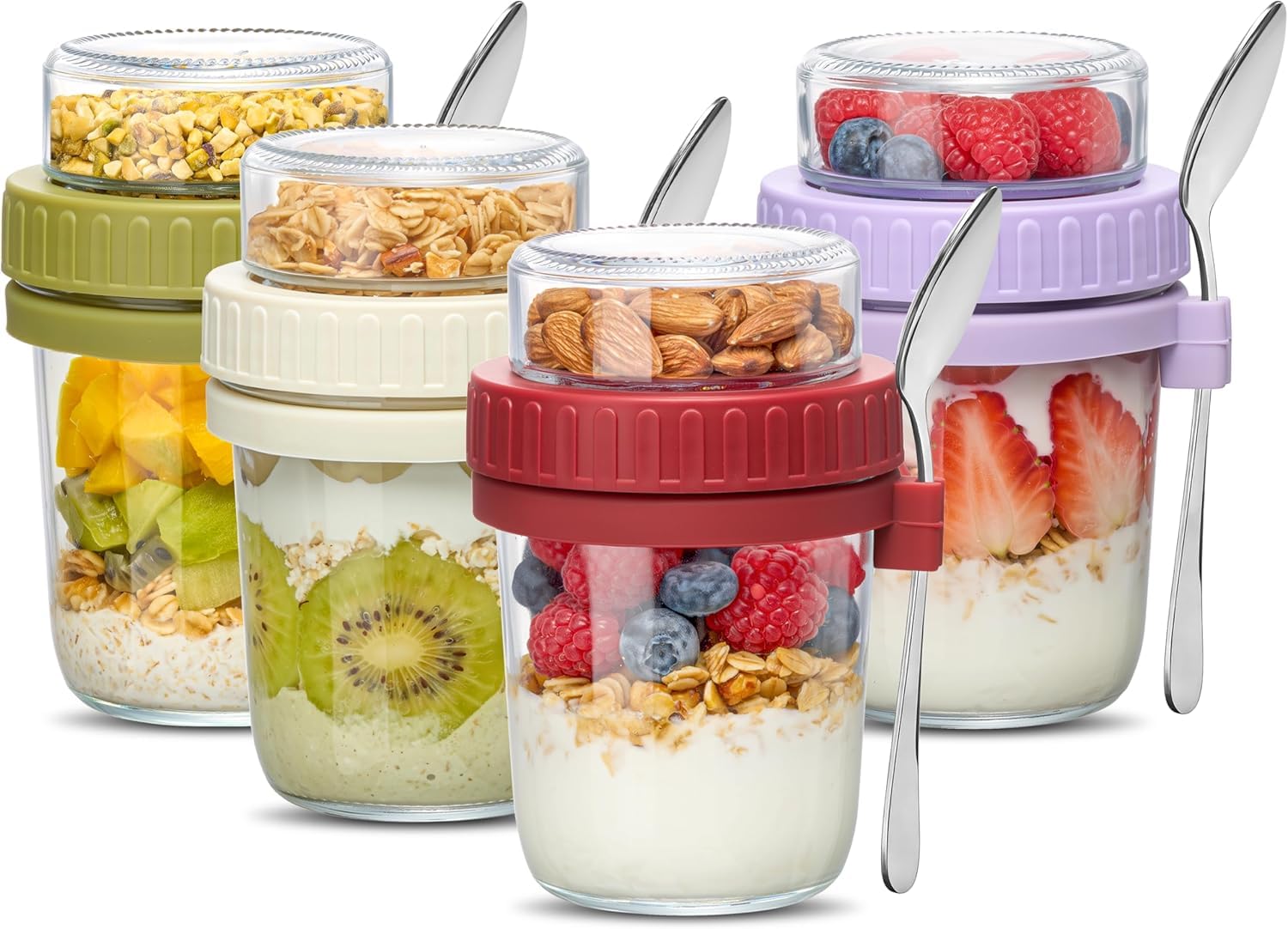 Danmu Art Overnight Oats Jars with Spoons-4 Pack 360+120ml Yogurt Pots
