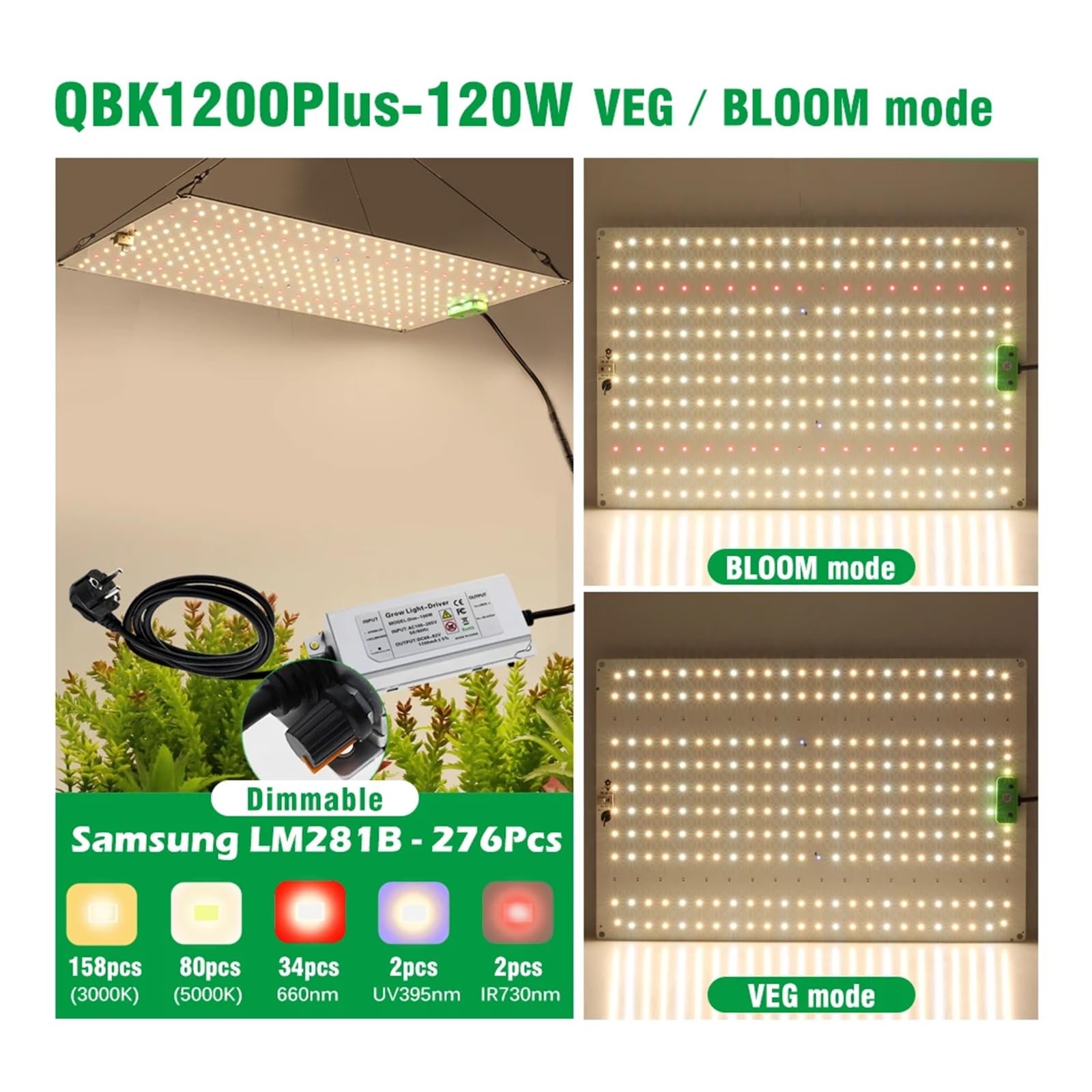 Lampe de Plante, LED élèvent la lumière LM281B 2000W 4000W 6000W Lampe Phyto à Spectre Complet Semblable Soleil quantique for l'éclaira de Croissance des Plantes de Serre.(QBC6000)