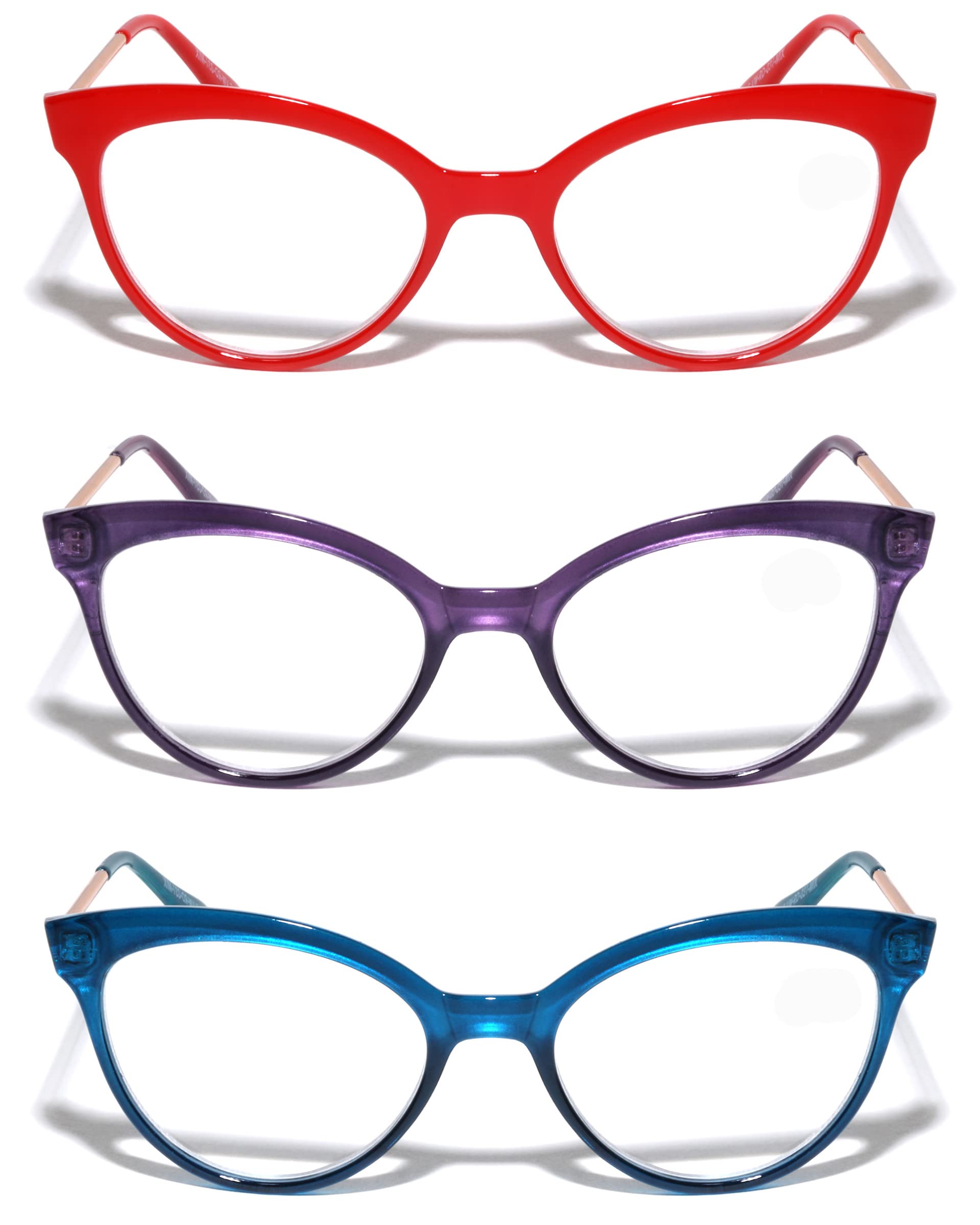 V.W.E. 3 Pairs Women Cateye Pointed Tip Reading Glasses - Metal Temple Cat Eye Readers