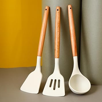 Spatula Turner Serving Cooking Spoon Spatulas With Wooden Handle Silicon For Kitchen Silicone Set Non Stick Pan Of 3