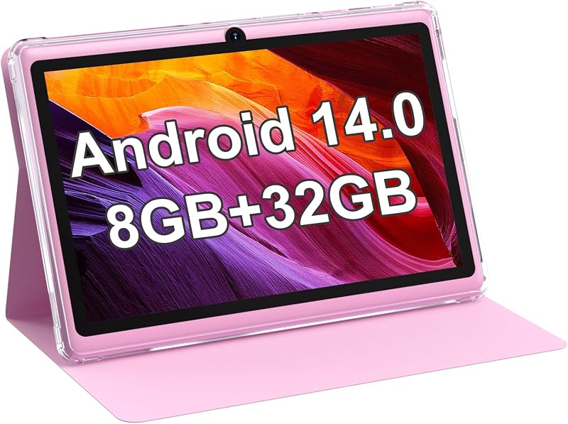 Android 14.0 Tablet 7", RAM 8GB(3+5Expand)+32GB ROM Tablets, Dual Camera, 1024 x 600 IPS Display Screen, 1TB Expand, Tablet with Case (Pink)