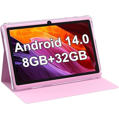 Android 14.0 Tablet 7", RAM 8GB(3+5Expand)+32GB ROM Tablets, Dual Camera, 1024 x 600 IPS Display Screen, 1TB Expand, Tablet with Case (Pink)