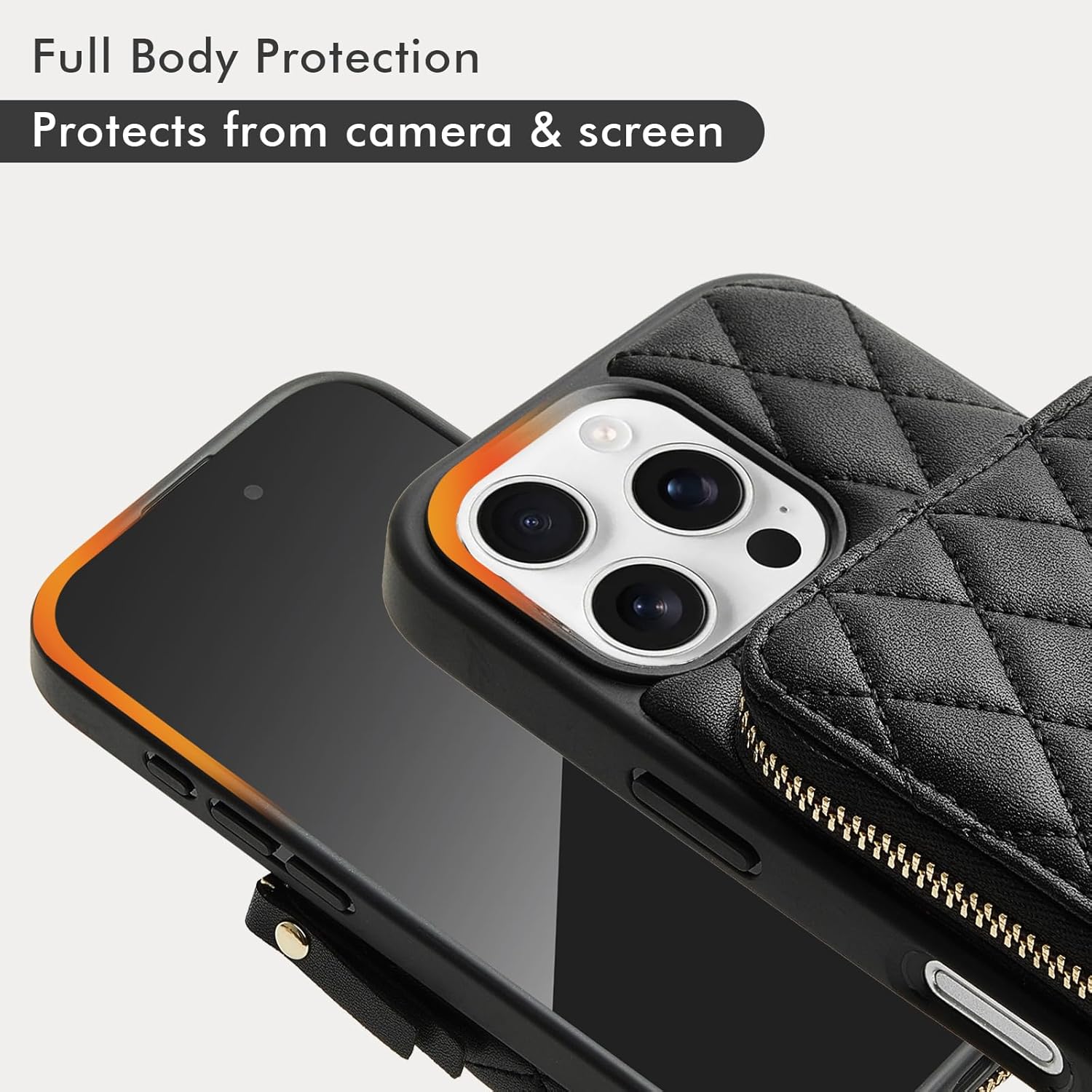 LAMEEKU Compatible with iPhone 16 Pro Max Wallet Case with Card Holder, Quilted Leather Crossbody Zipper Case for Women for iPhone 16 Pro Max 6.9'' Black - Image 7