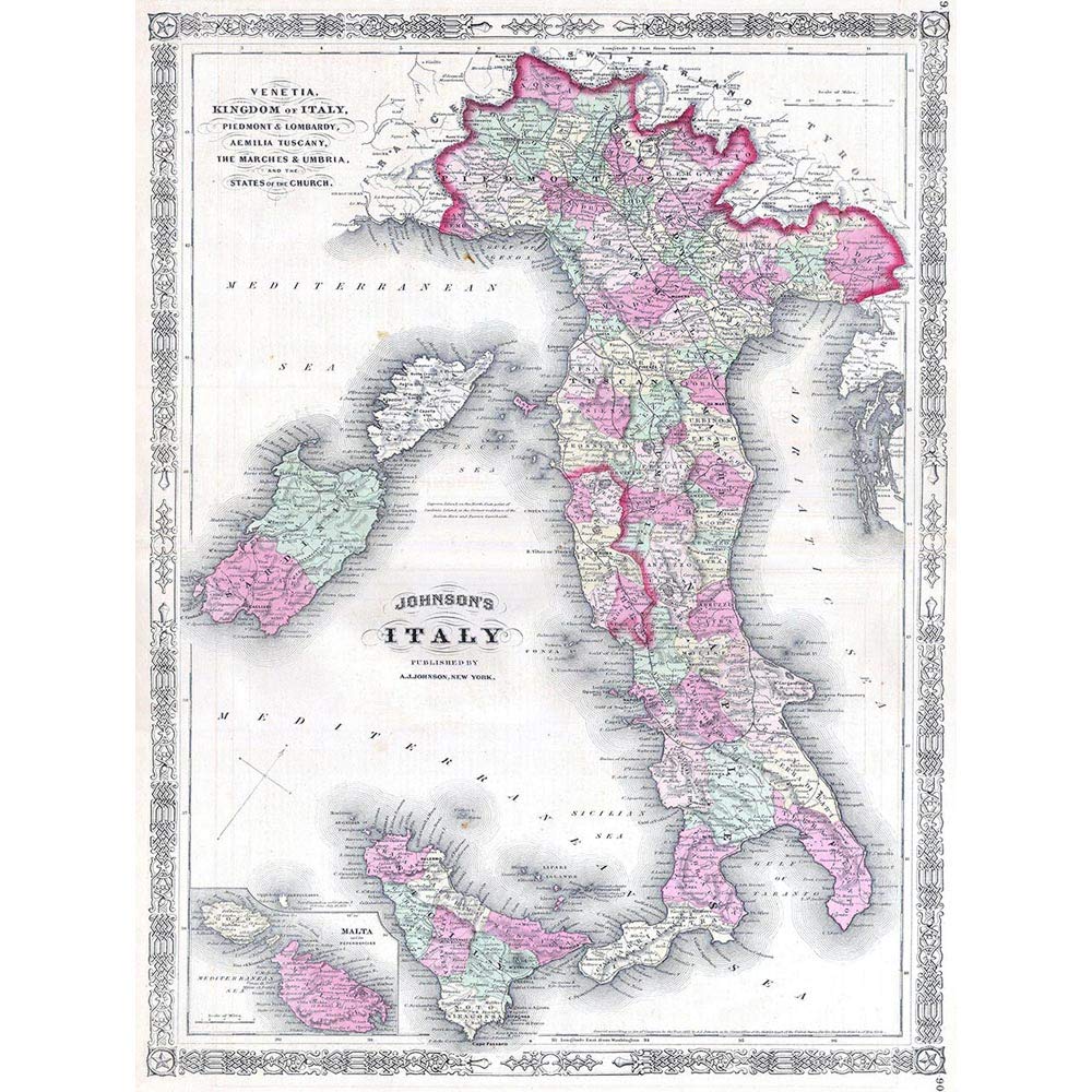 Wee Blue Coo 1864 Johnson's Map Italy Vintage Art Print Poster Wall Decor 12X16 Inch