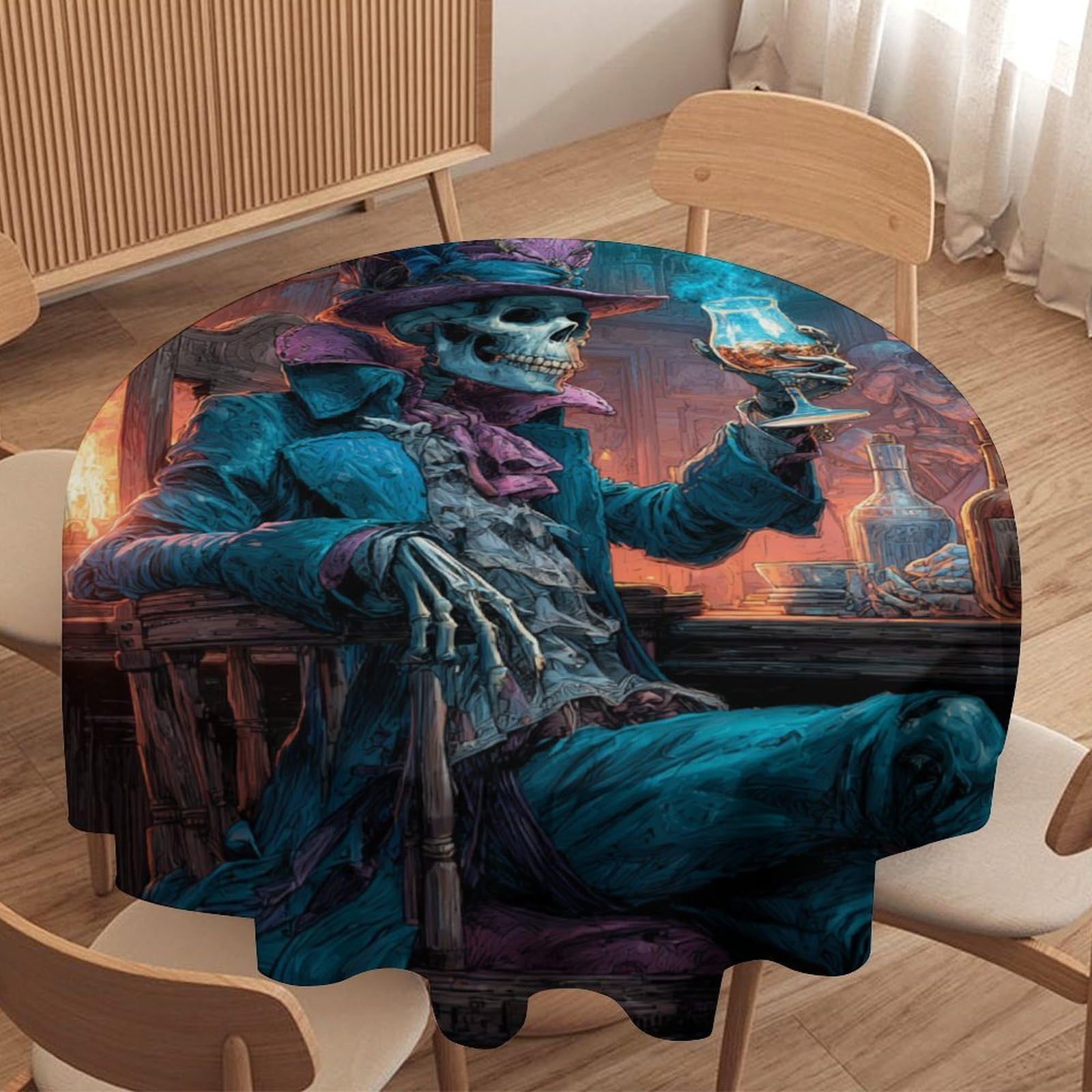 LUYYSKY Elegant Funny Gothic Skeleton Waterproof Round Tablecloth Retro Realistic Halloween Skull Skeleton Bar Print Washable Table Cover for Kitchen-91.4" Wx91.4 L cm