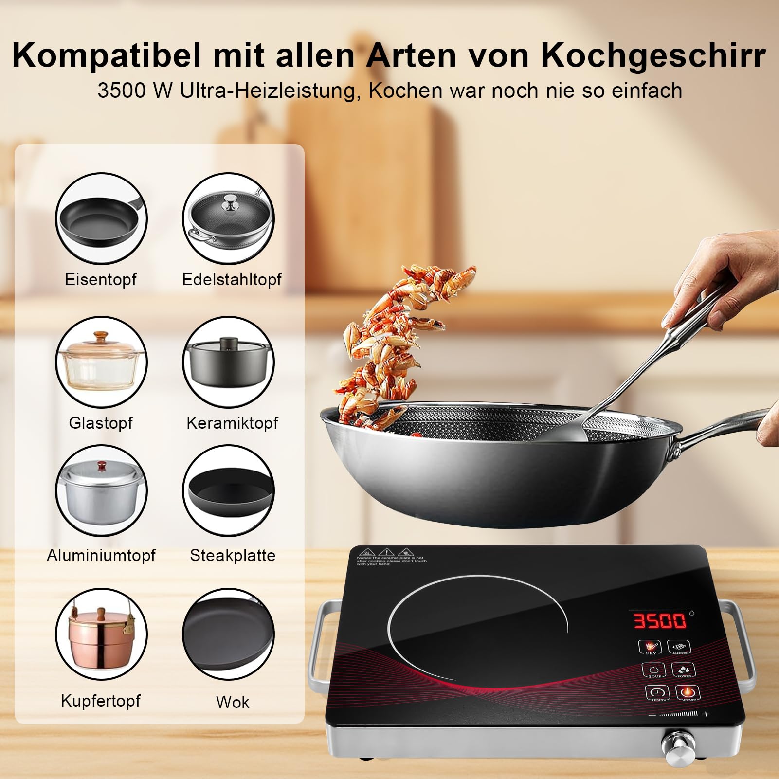 Glaskeramikkochfeld Infrarot Keramik-Herdplatte 3500W 220V Tragbare Einzelkochplatte Touch-Steuerung Timer